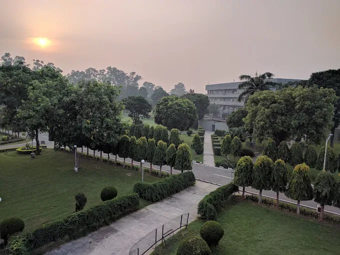 Landscaped gardens on the CSIR-CSIO campus at sunset