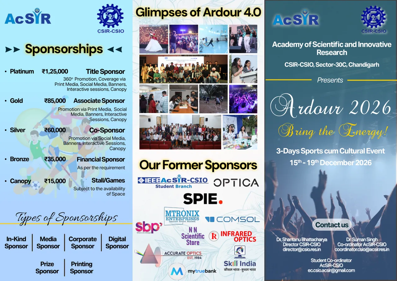 Brochure page 1: sponsorships, glimpses of Ardour 4.0, former sponsors and the Ardour 2026 cover with contacts