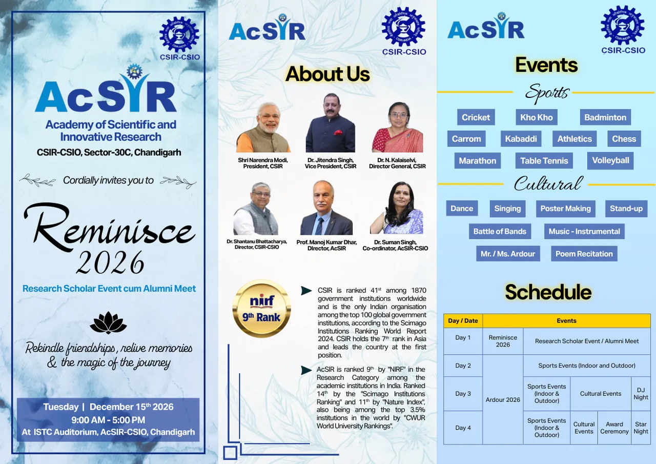 Brochure page 2: Reminisce 2026, About Us with institutional leadership, events and schedule